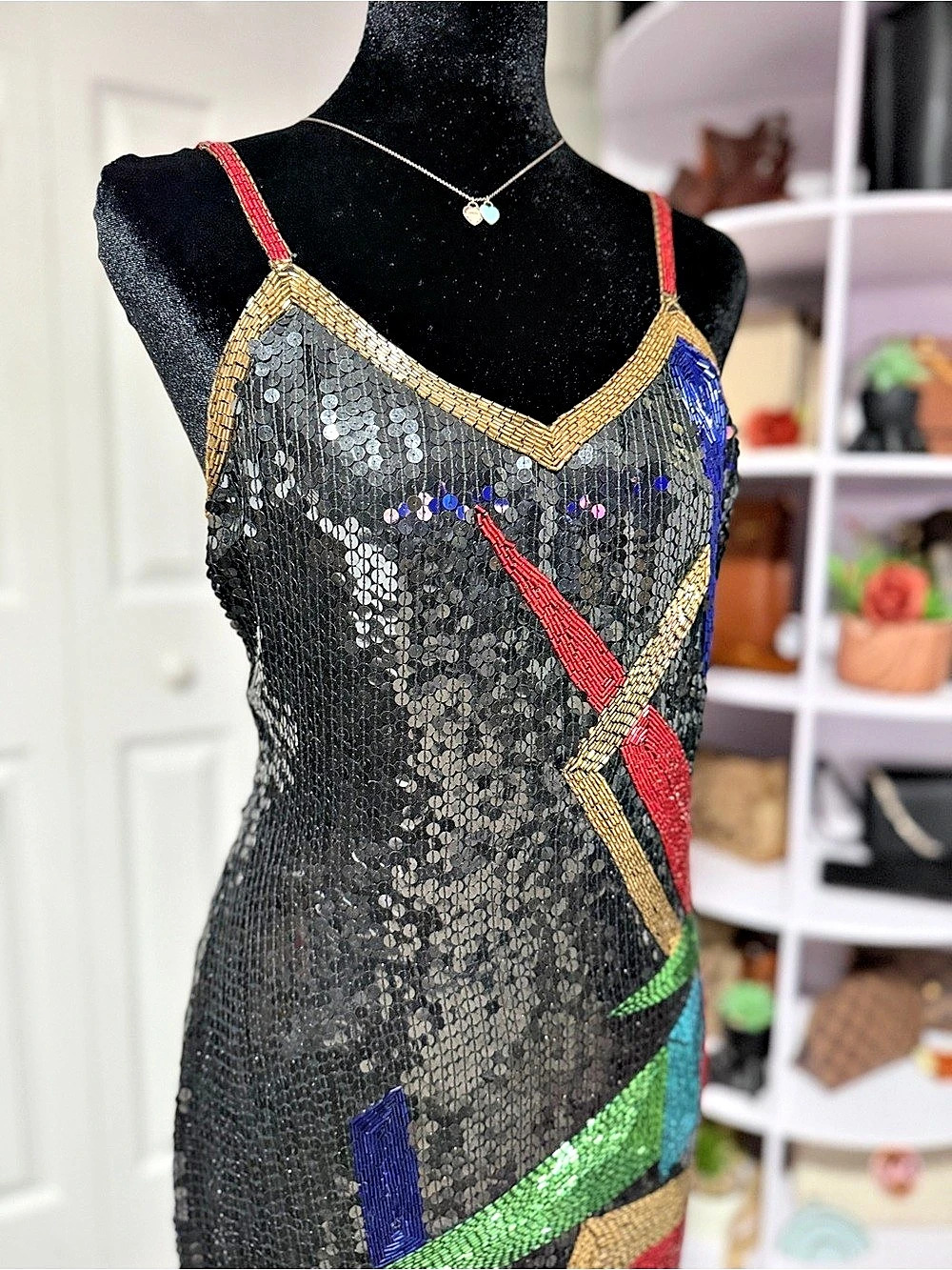 Authentic Vintage Metamorphosis Black Sequin Beaded Art Deco Evening Dress 8